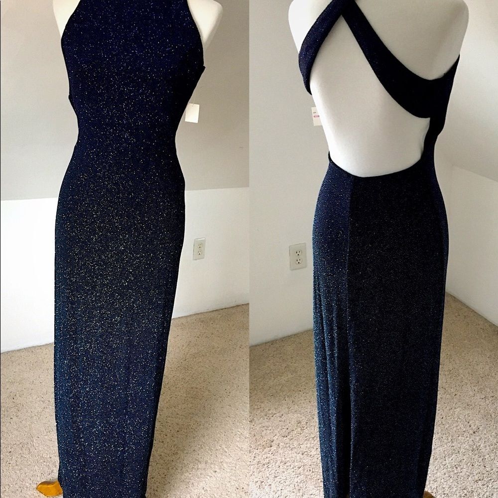 Vintage Y2K Navy Metallic Shimmer Open Back Maxi Dress NWT Size M - Picture 8 of 8